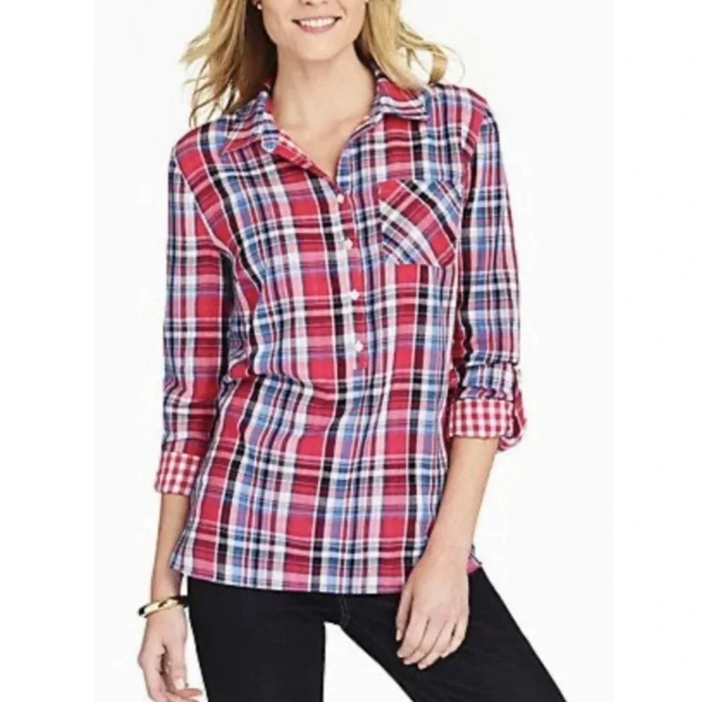 Talbots Pink and Blue Plaid Flannel Popover